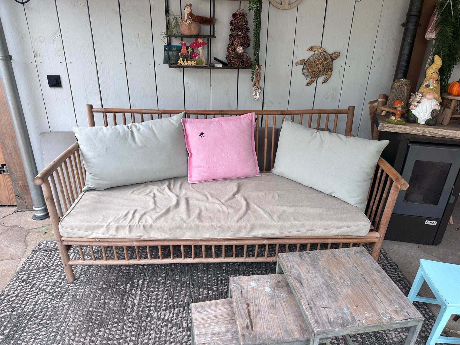 Vintage bamboe bankje met kussens, Ophalen, Gebruikt, 150 tot 200 cm, Tweepersoons
