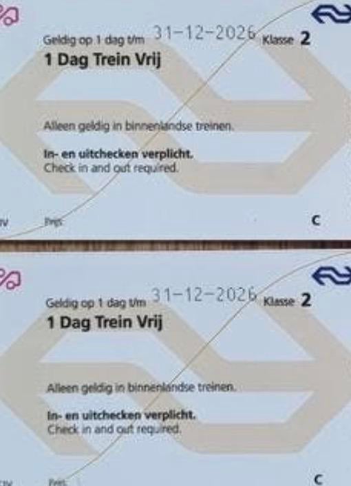 NS vrij reizen dagkaarten 2 stuks OPHALEN, Tickets en Kaartjes, Trein, Bus en Vliegtuig, Twee personen, Trein, Algemeen kaartje