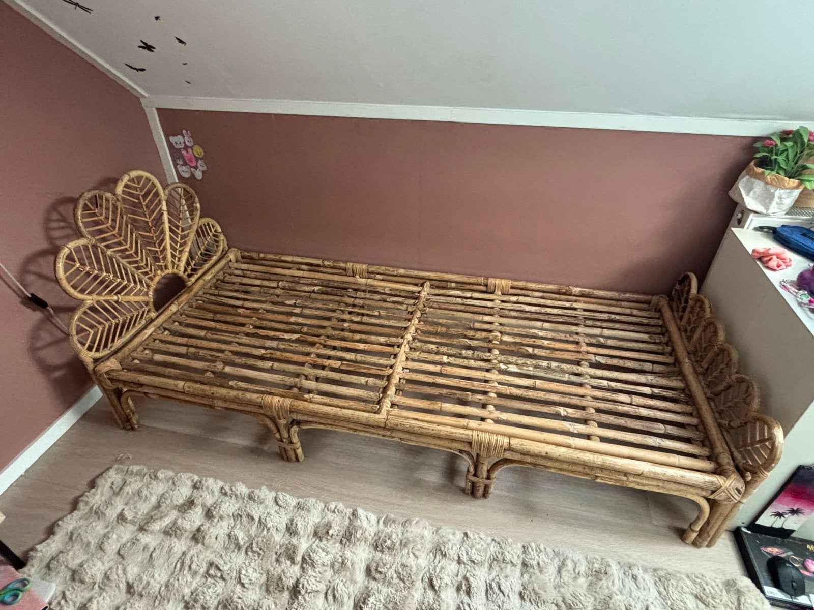 Rotan eenpersoonsbed met hoofdbord, Ophalen, Overige materialen, Gebruikt, 90 cm