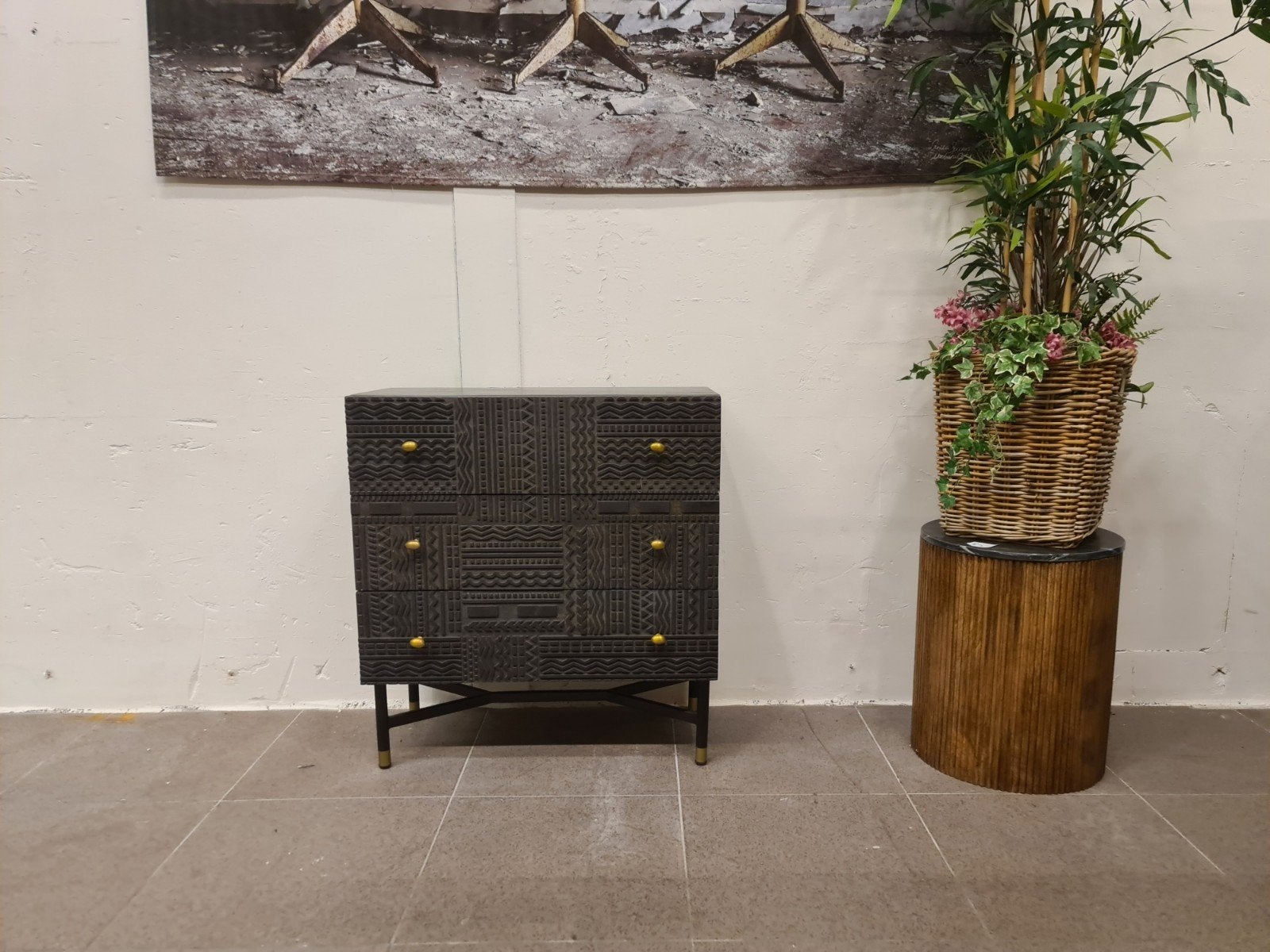 Nieuwe ladekast Eleonora Isa 75x80x35cm donker mango messing, Ophalen, Hout, Zwart, .