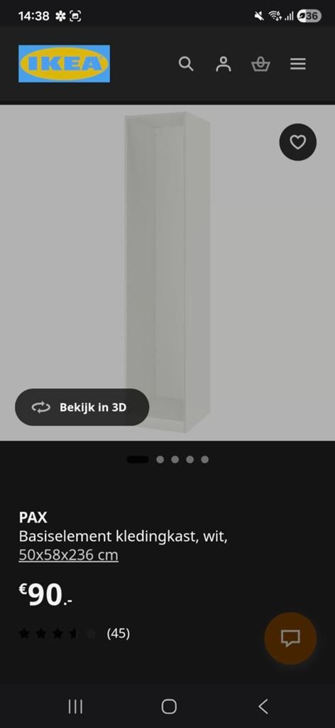 3x IKEA PAX Basiselement Kledingkast Wit 50x58x236 cm, Huis en Inrichting, Kasten | Kledingkasten, Ophalen, Overige materialen