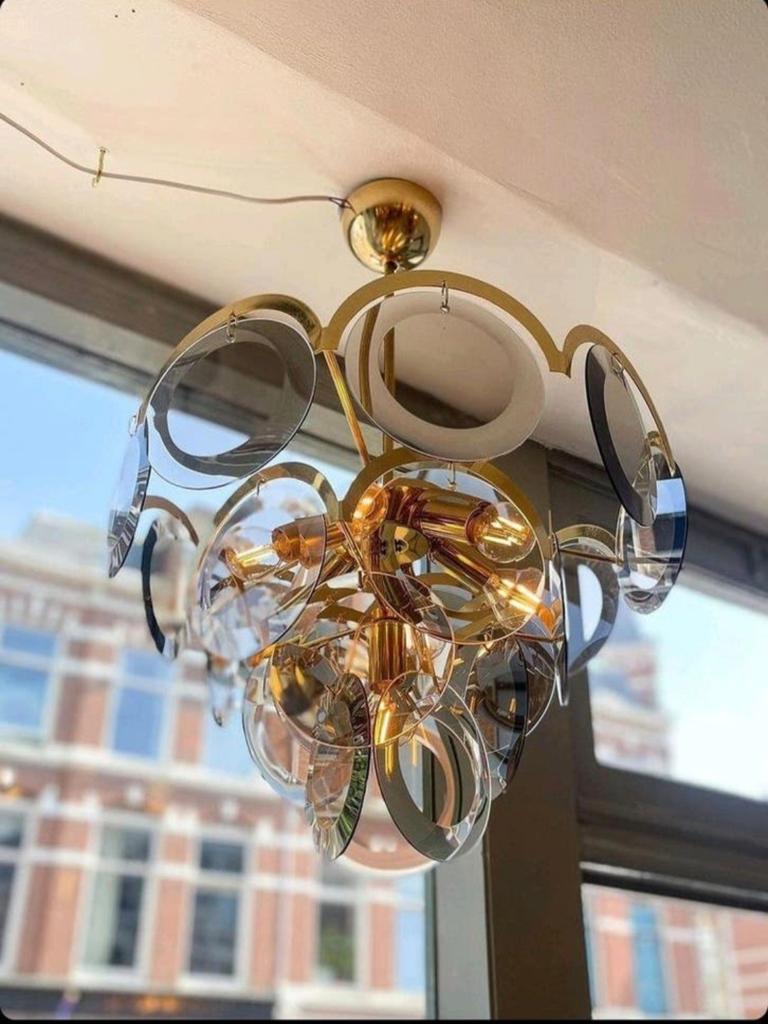 Italiaanse jaren 60 vintage Vistosi kroonluchter, rookglas, Huis en Inrichting, Lampen | Kroonluchters, Ophalen, Gebruikt, Glas