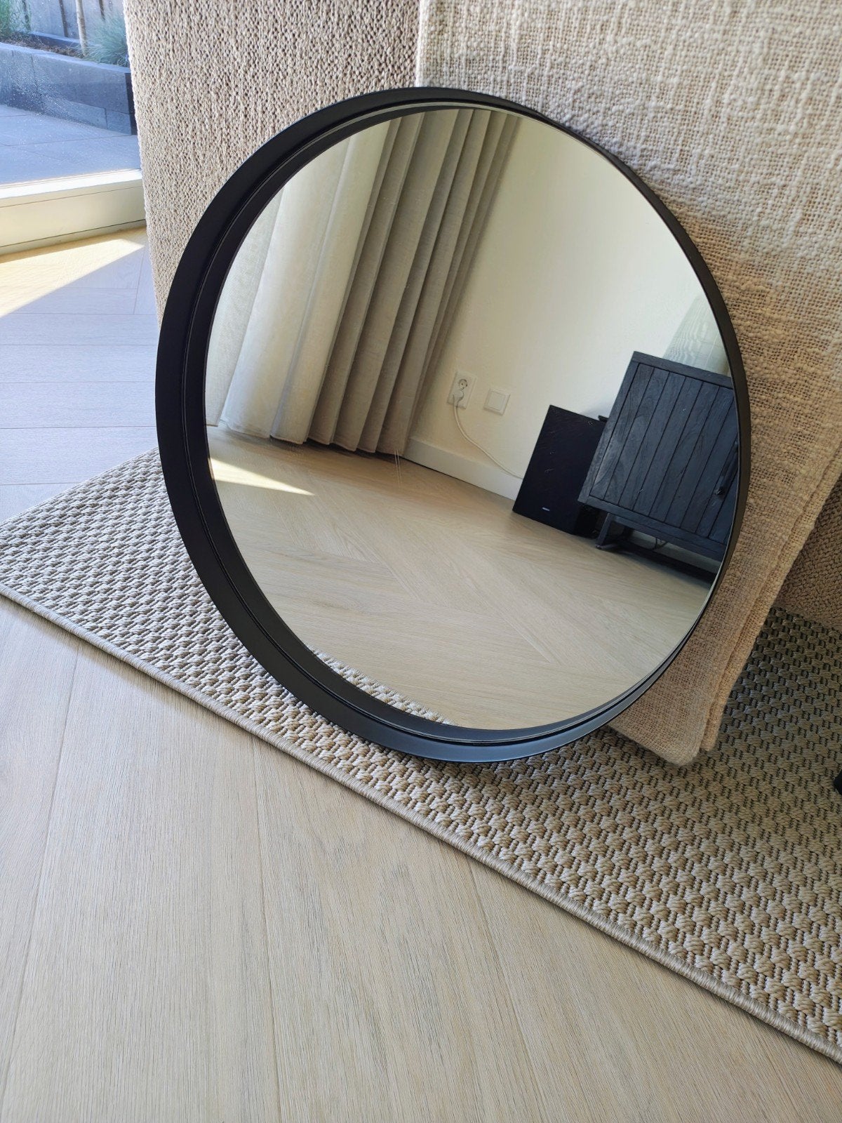 Zwarte metalen spiegel 50 cm doorsnee., Ophalen, Rond, 50 tot 75 cm, Minder dan 100 cm