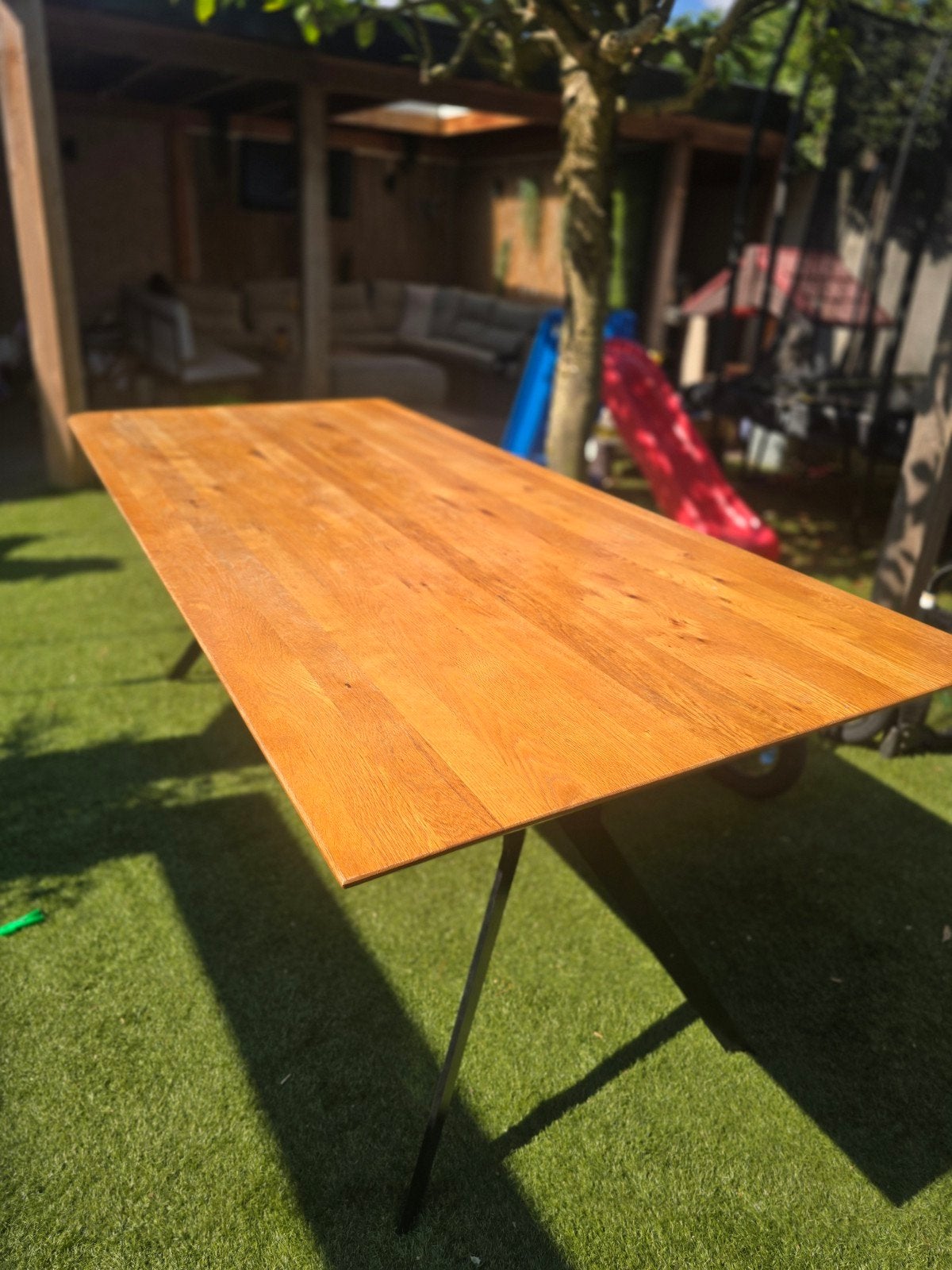 Zuiver houten tafel met zwart stalen onderstel 100x200cm, Gebruikt, 50 tot 100 cm, Vijf personen of meer, 150 tot 200 cm