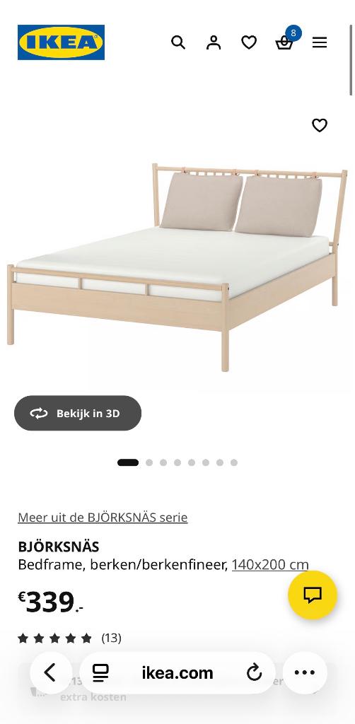 Ikea BJÖRKSNÄS Bedframe, Ophalen, Tweepersoons, 140 cm, 200 cm