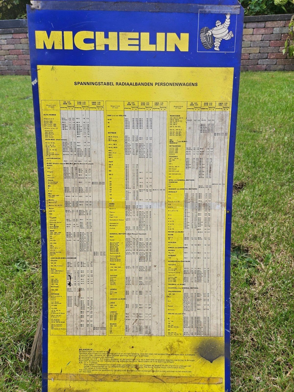 Vintage Michelin Bandenspanningstabel Reclamebord, Ophalen