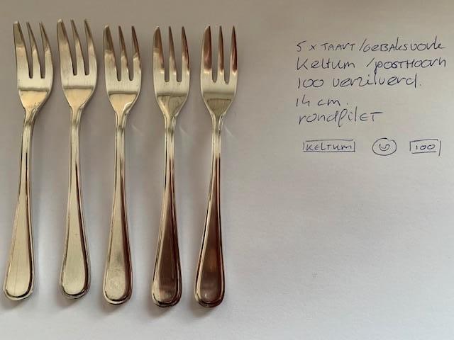 Gebaksvorkjes 5x Keltum posthoorn 100 verzilverd, Antiek en Kunst, Antiek | Bestek, Ophalen of Verzenden