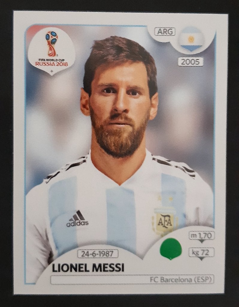 Panini Lionel Messi WK 2018 Russia nr 288 zwarte achterkant, Verzenden, Zo goed als nieuw, Buitenlandse clubs, Poster, Plaatje of Sticker