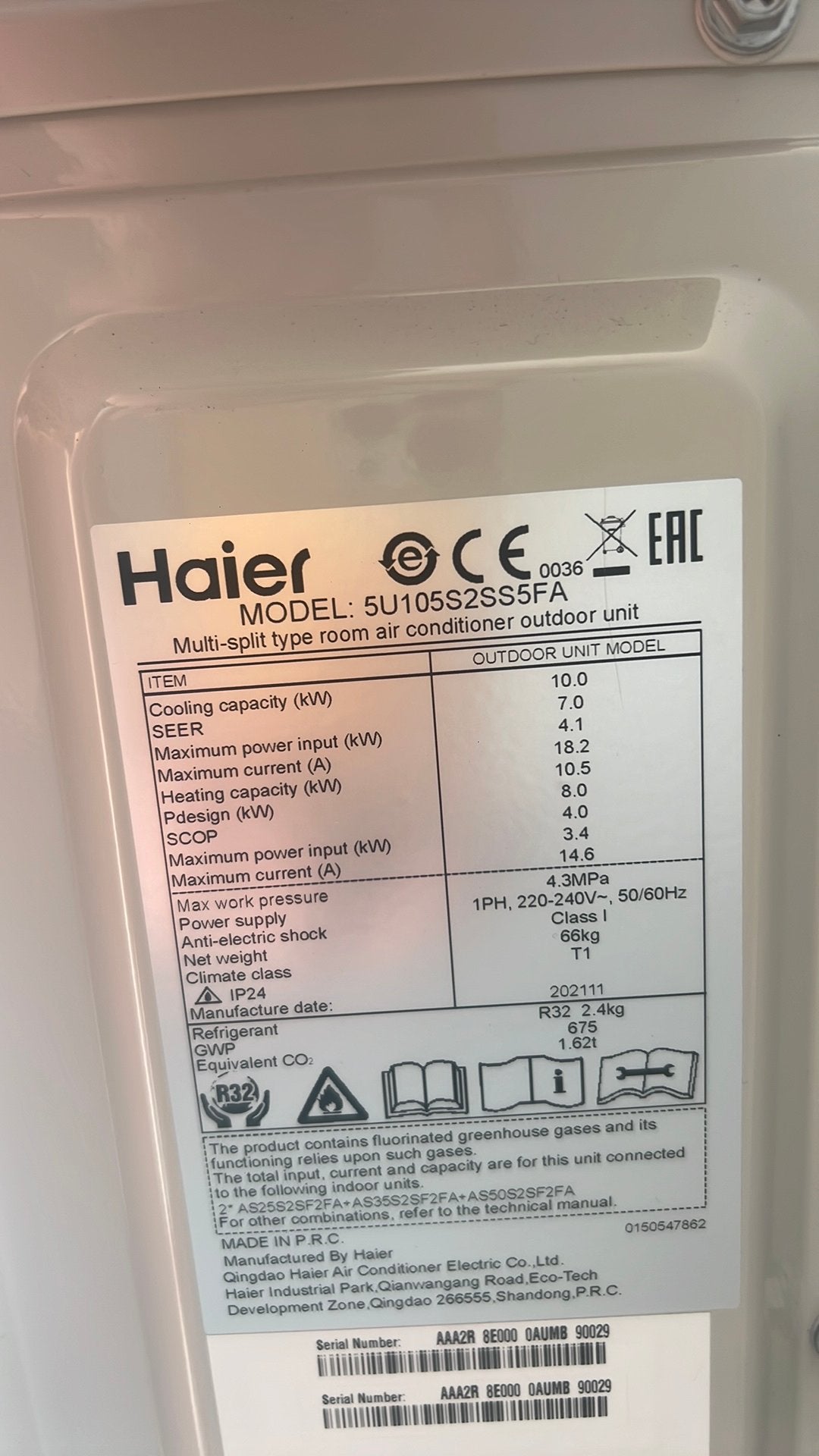 Haier 10kw 5U105S2SS5FA multisplit 5 binnen units, 3 snelheden of meer, Ophalen of Verzenden, Zo goed als nieuw, 100 m³ of groter