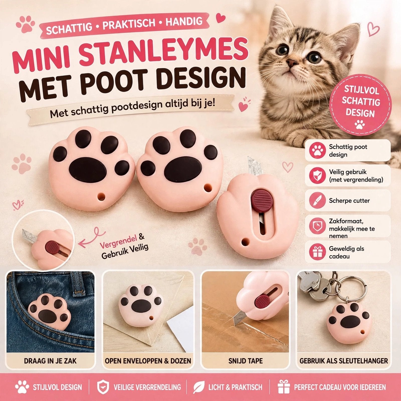 Mini Stanleymes met Schattig Poot Design - Roze, Doe-het-zelf en Verbouw, Ophalen of Verzenden, Nieuw, Snijgereedschap, Overige merken