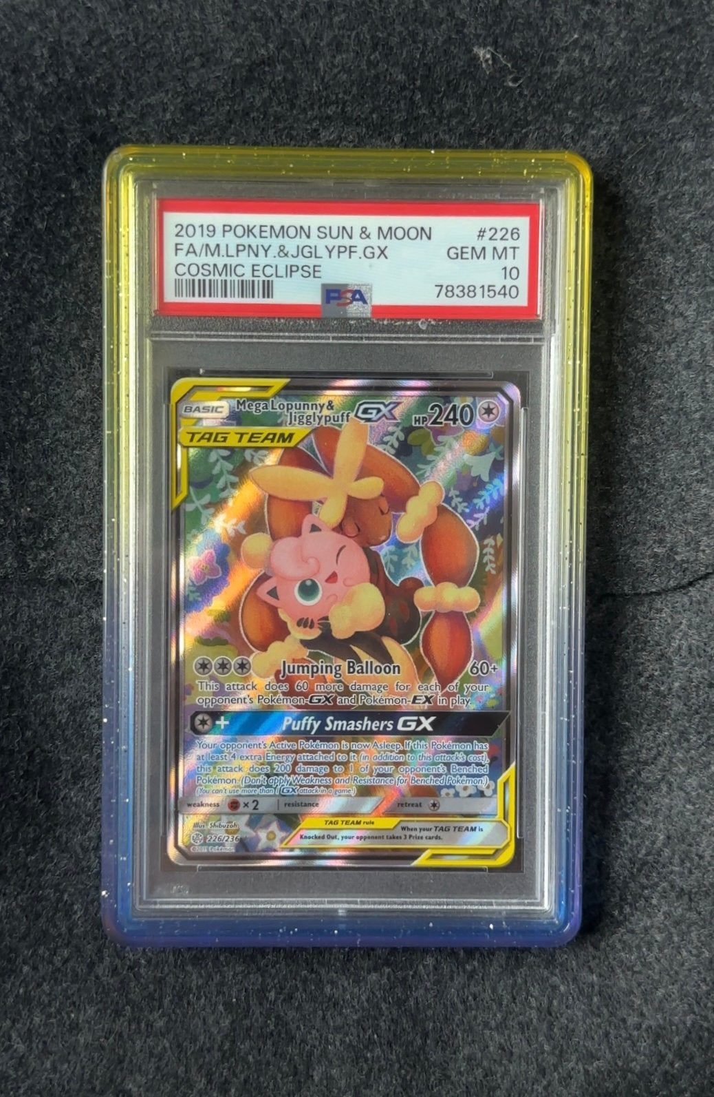 Mega Lopunny & Jigglypuff GX PSA 10 | Pokemon Cosmic Eclipse, Ophalen of Verzenden, Zo goed als nieuw, Foil