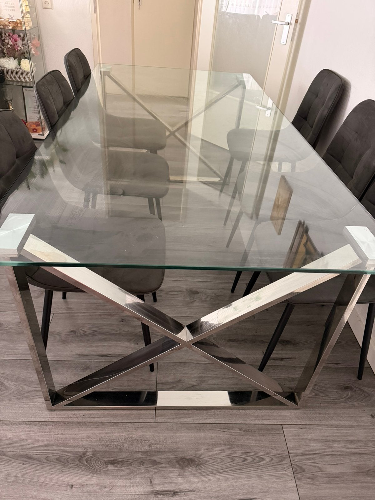 Tafel      Luxe glazen tafelset (eettafel + salontafel), Ophalen, Zo goed als nieuw, Rechthoekig, 100 tot 150 cm