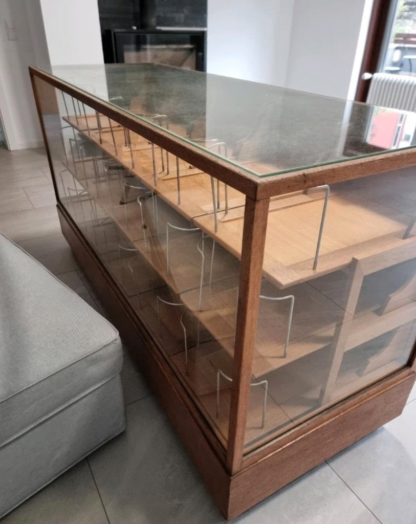 Vintage Toonbank Eiken met 15 laden Vitrinekast, Ophalen of Verzenden