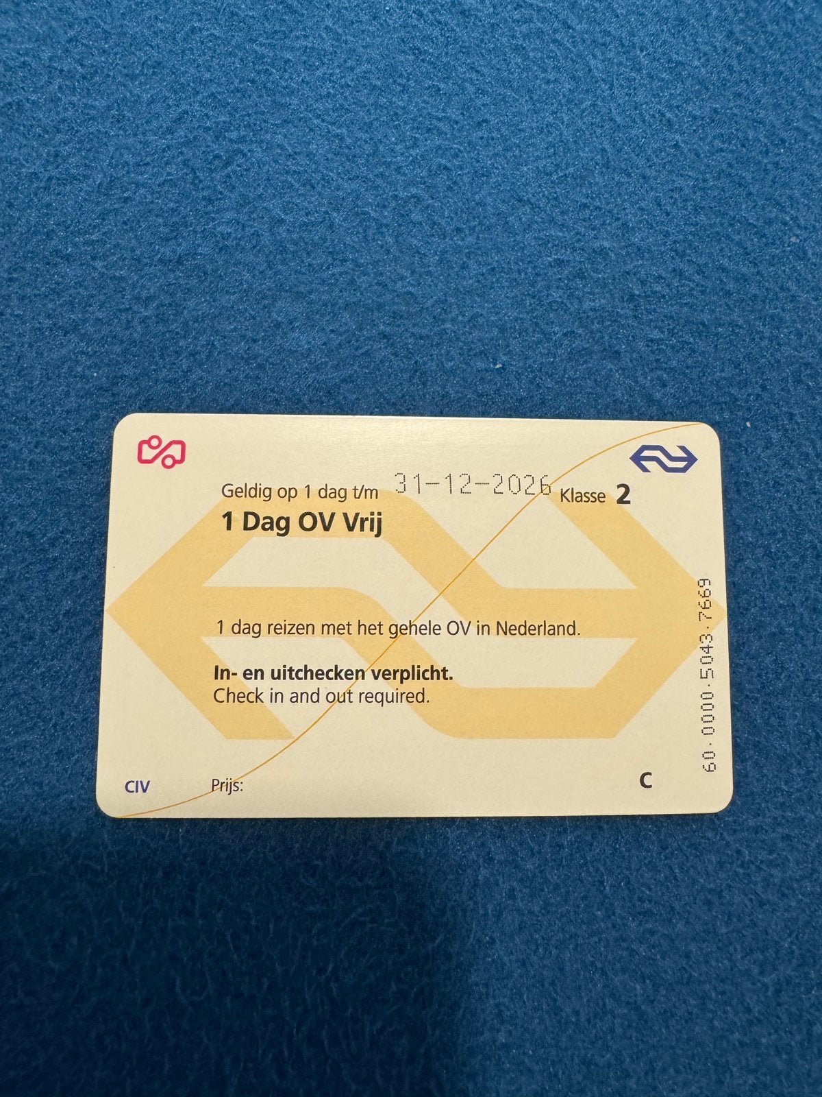 Dag kaart(day card), Eén persoon, Trein, Algemeen kaartje