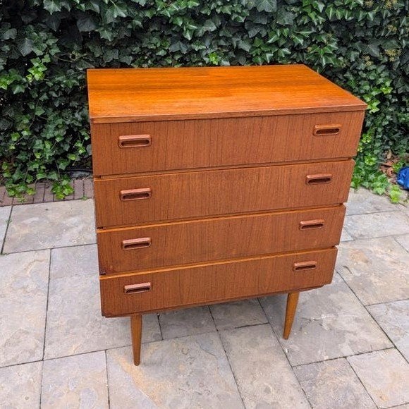 Vintage Teakhouten Commode met 4 Laden, Ophalen, Gebruikt, 100 tot 150 cm, Teakhout