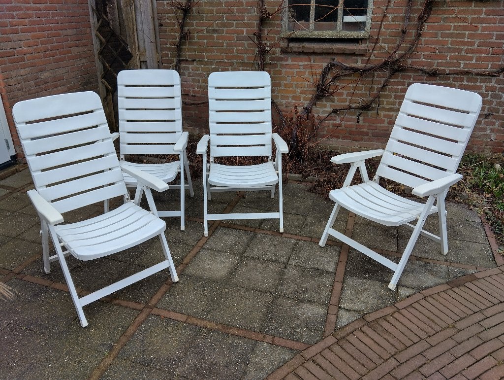 4x Tuinstoel verstelbaar wit incl. kussens, Ophalen, Gebruikt, Kunststof, Verstelbaar
