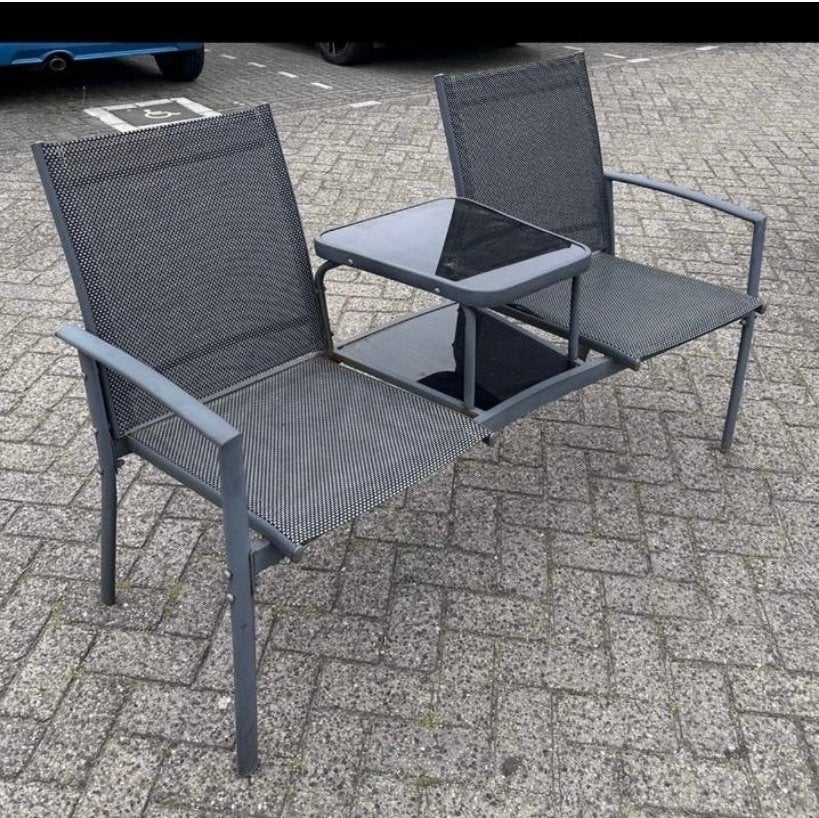 Tuinbank met tafel - Grijs metaal en textiel, Ophalen, Gebruikt, Metaal
