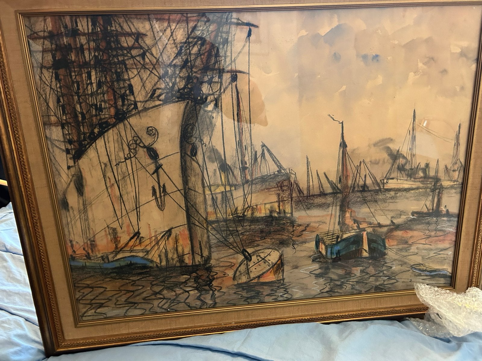 Maritiem tafereel: Zeilschepen in de haven, Antiek en Kunst, Kunst | Schilderijen | Klassiek, Ophalen, Maritiem / water, Realistisch