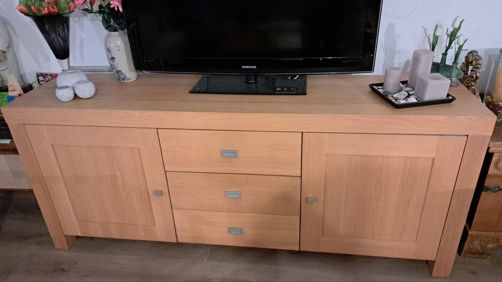 Dressoir Gedeeltelijk massief hardhout - Afm. 205x50x84 cm., Ophalen, Gebruikt, Met lade(s), 200 cm of meer