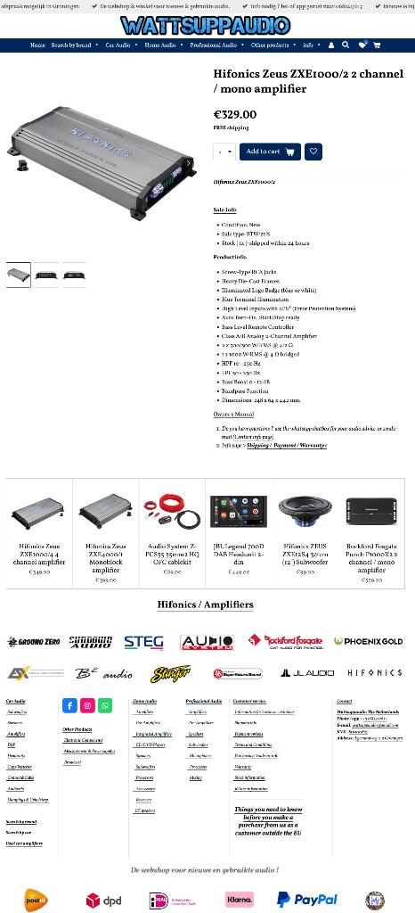 Hifonics ZXE1000/2 1000WRMS 2 kanaals a/b classe versterker, Audio-design, Nieuw, Am Breilingsweg 3, 76709 Kronau, Duitsland, Ophalen of Verzenden