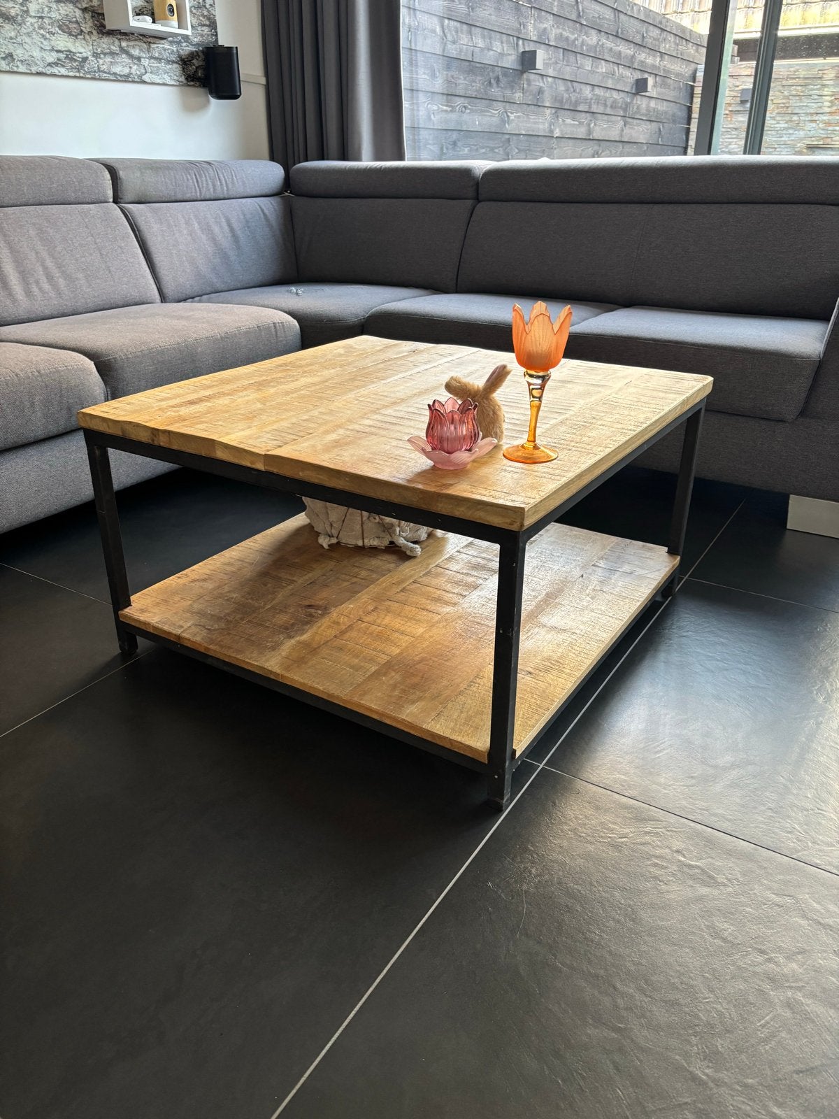 Salontafel mango hout 80x80 - Industrieel design, Ophalen, Gebruikt, 50 tot 100 cm, 50 tot 75 cm