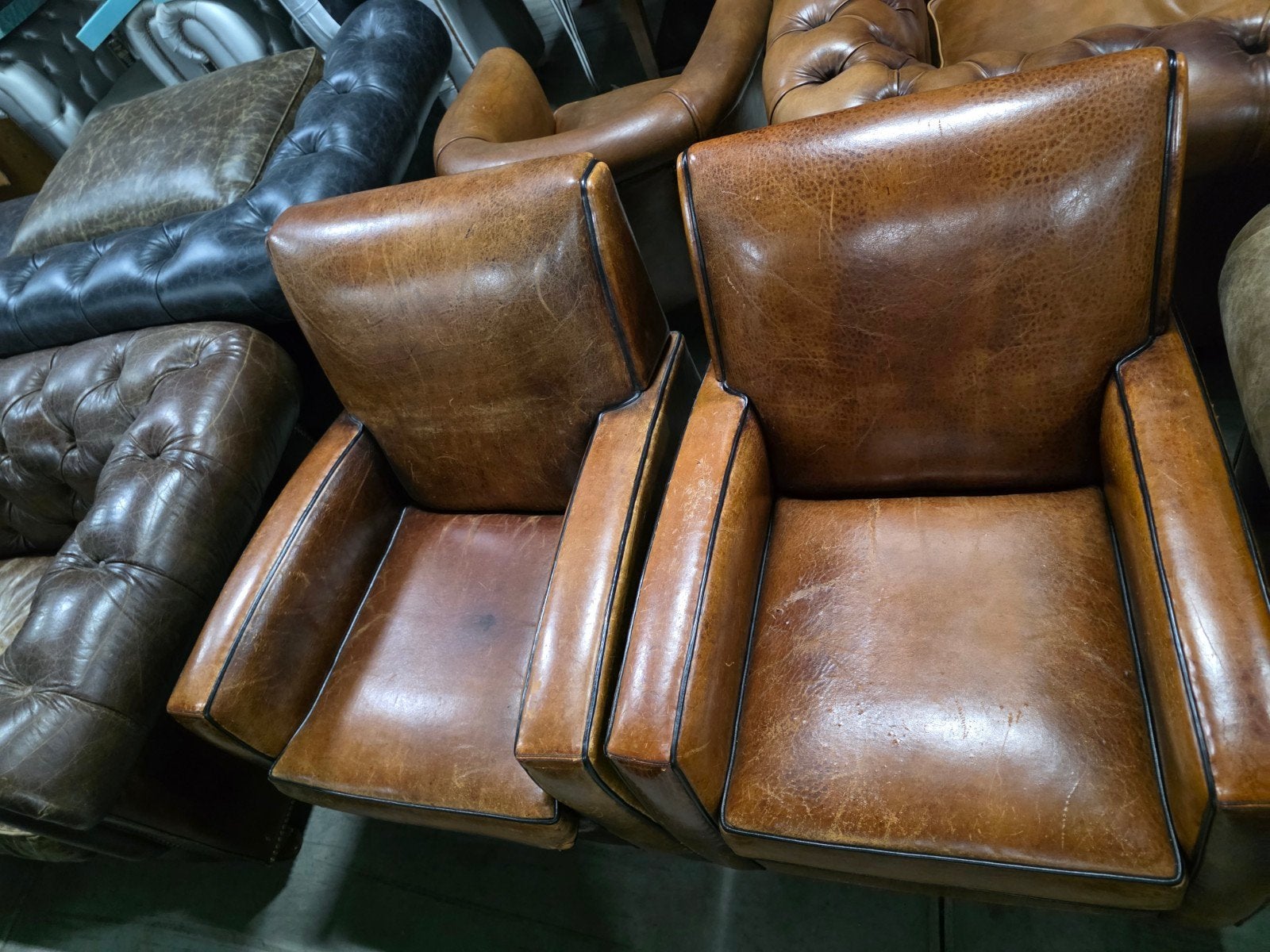 Set van 2 Vintage Leren Fauteuils - Bruin + BEZORGING GRATIS, Gebruikt, Twee, Bruin, Art deco