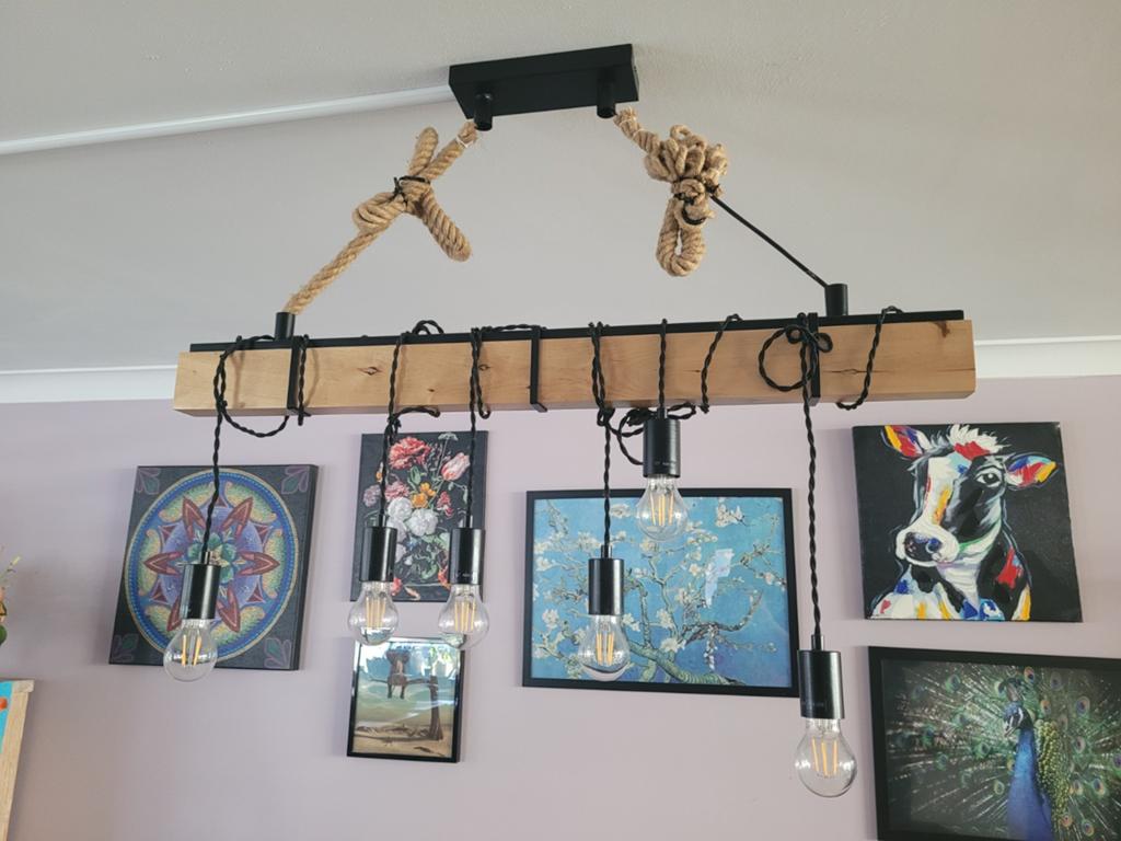 Hanglamp met dimbare verlichting en houten balk, Huis en Inrichting, Lampen | Hanglampen, Ophalen, Gebruikt, Industrieel, Landelijk