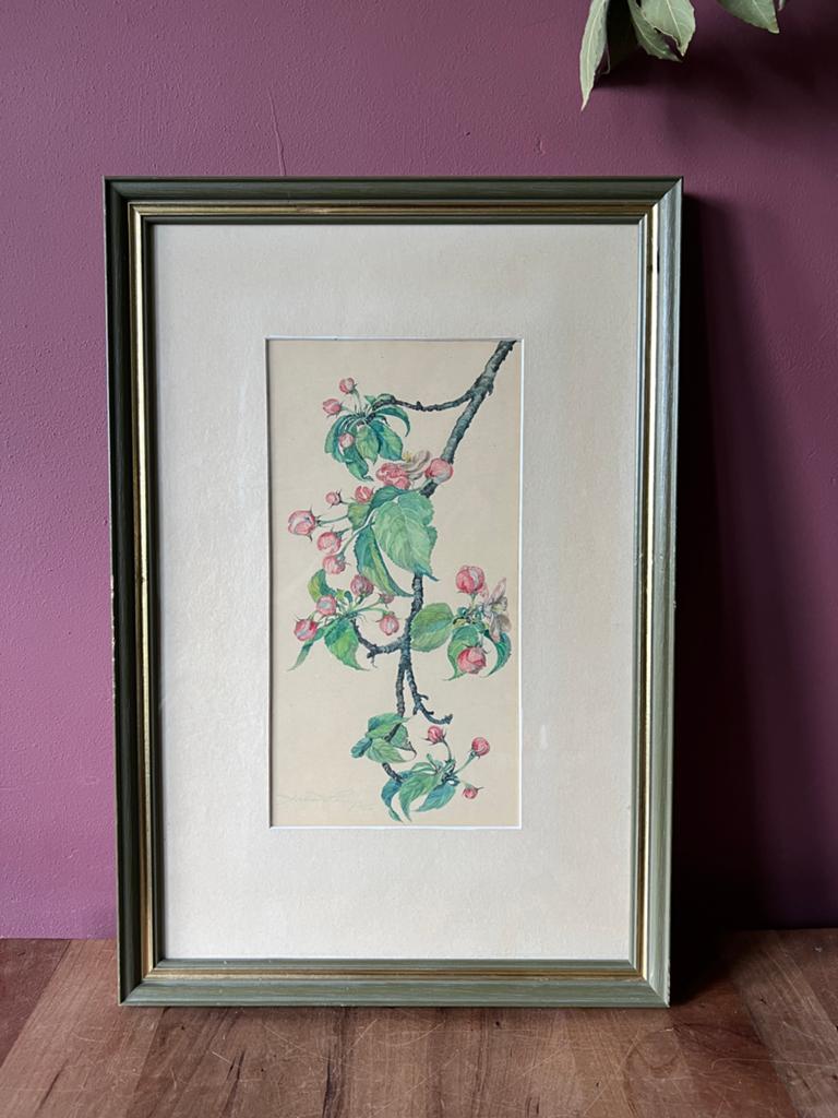 Vintage aquarel gesigneerd appelbloesem floral 1952, Ophalen of Verzenden