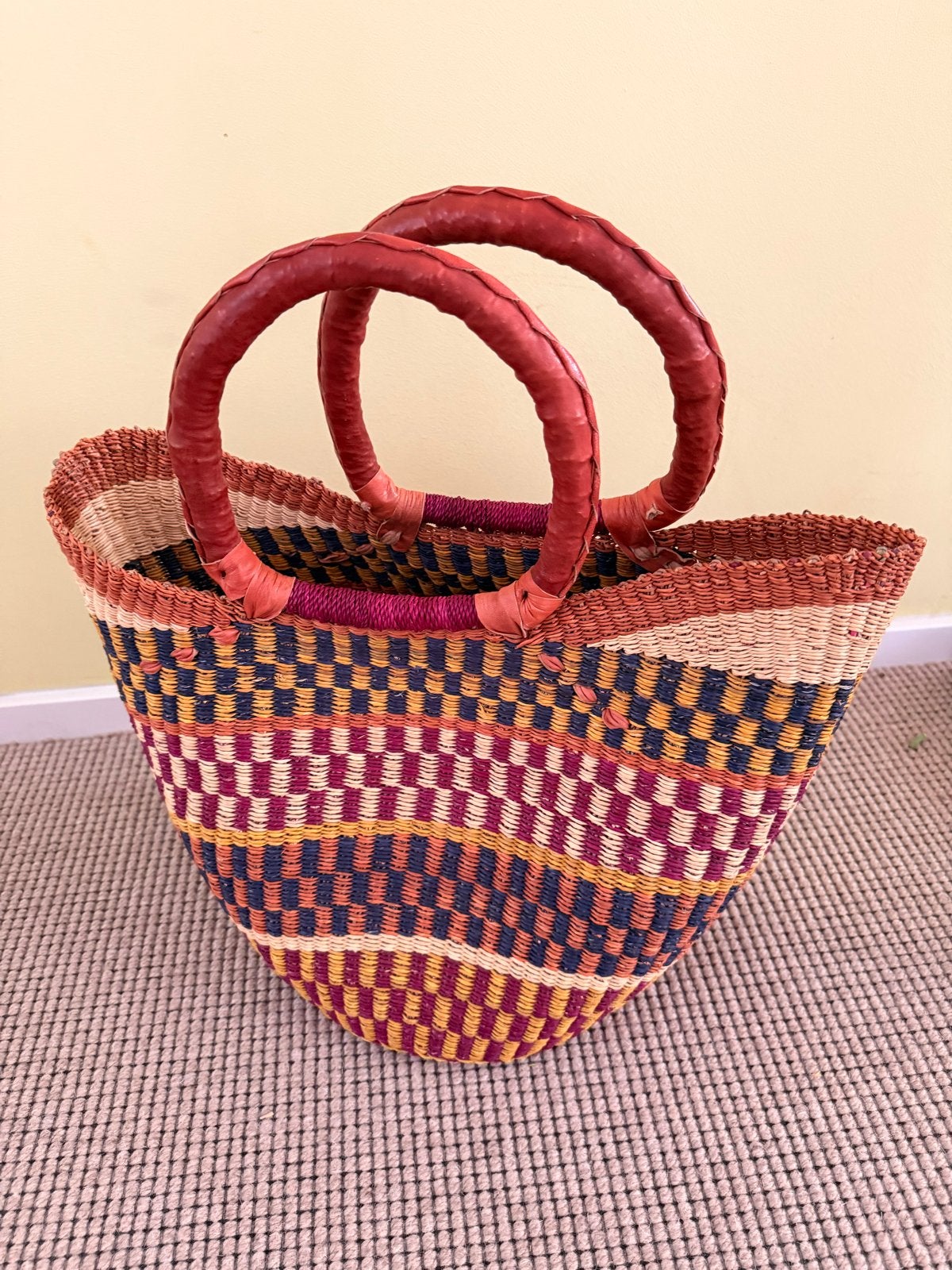 Handgeweven Bolga Mand uit Ghana - Uniek Design, Mand, Rond, Nieuw, Ophalen of Verzenden