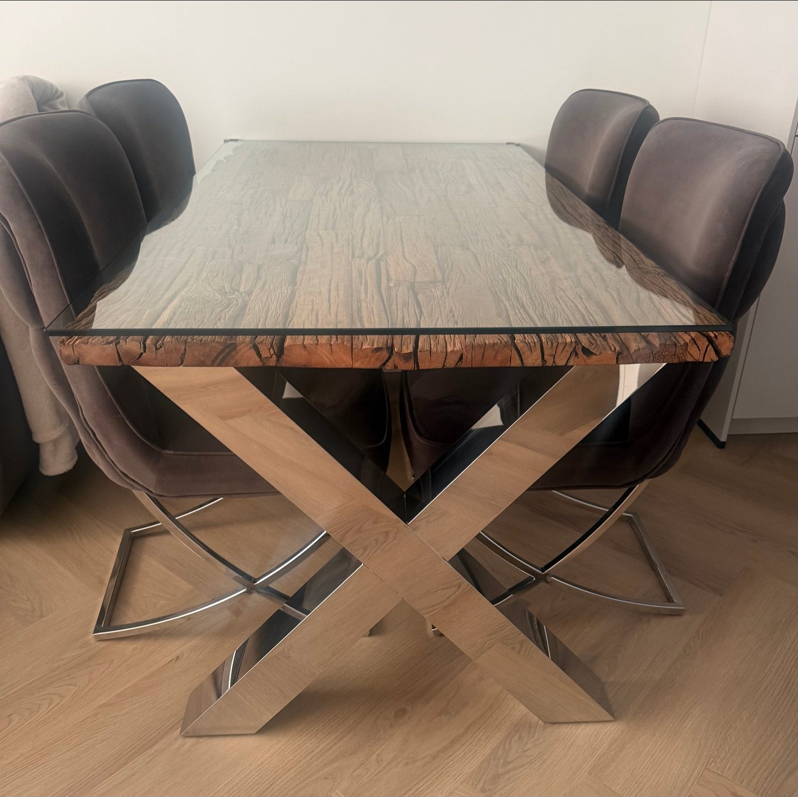Complete eettafelset: tafel met glasplaat, 4 stoelen, salont, Ophalen, Gebruikt, Vier personen, Overige houtsoorten