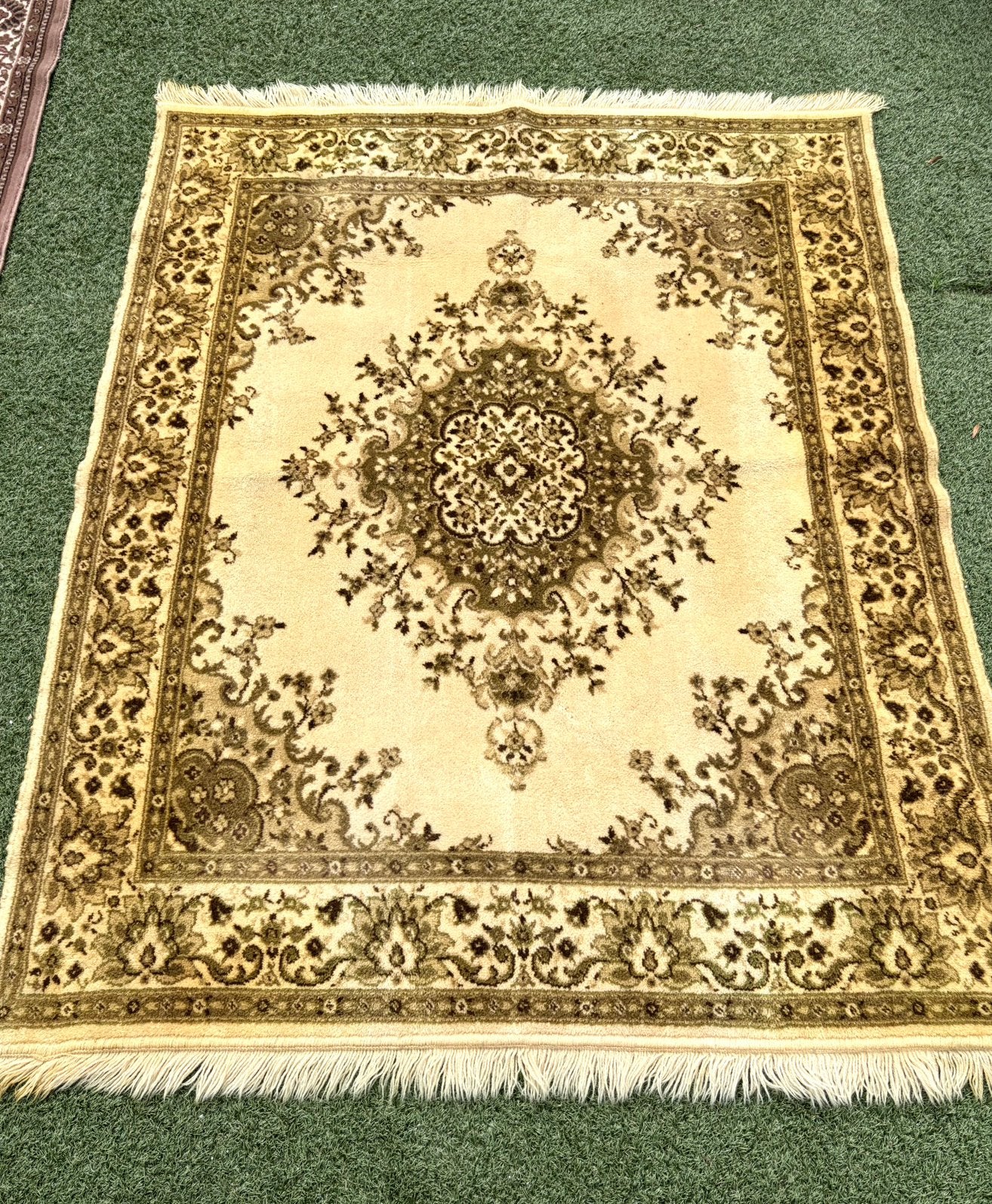 💚 Vintage wollen vloerkleed tapijt groen beige retro kleed, Huis en Inrichting, Ophalen, Gebruikt, 100 tot 150 cm, Groen