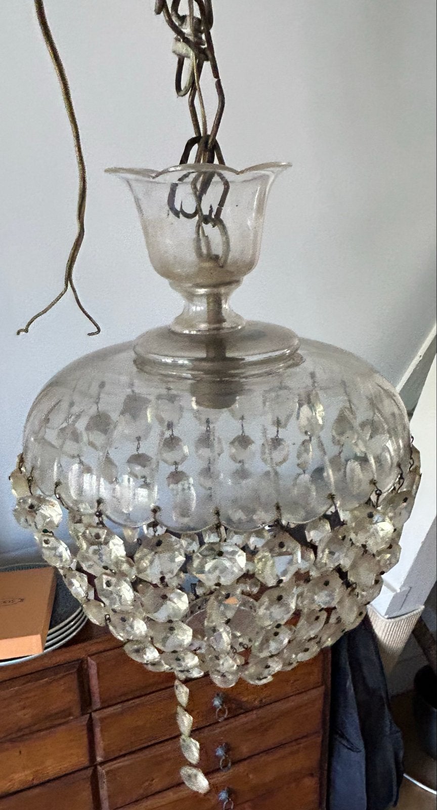 Vintage Kroonluchter met Glaspegels, Ophalen, Gebruikt, Glas, Overige fittingen