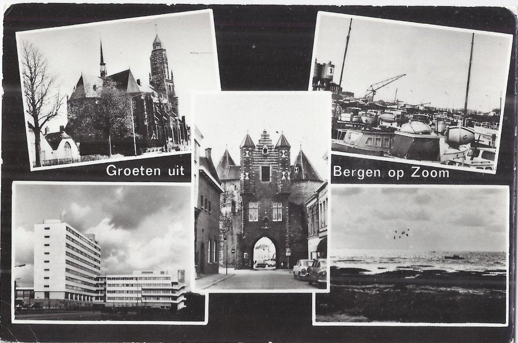 K82 oude gelopen ansichtkaart groeten uit bergen op zoom, Verzamelen, Ansichtkaarten | Nederland, Ophalen of Verzenden, 1960 tot 1980