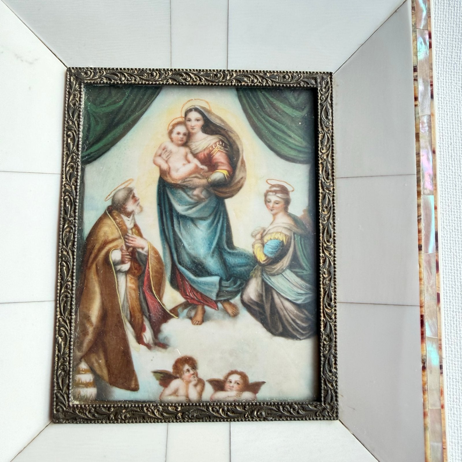 Antiek Italiaans Miniatuur Schilderij, 1910, Rafaël Madonna, Antiek en Kunst, Achter glas, Portret of Personen, Overige ondergronden