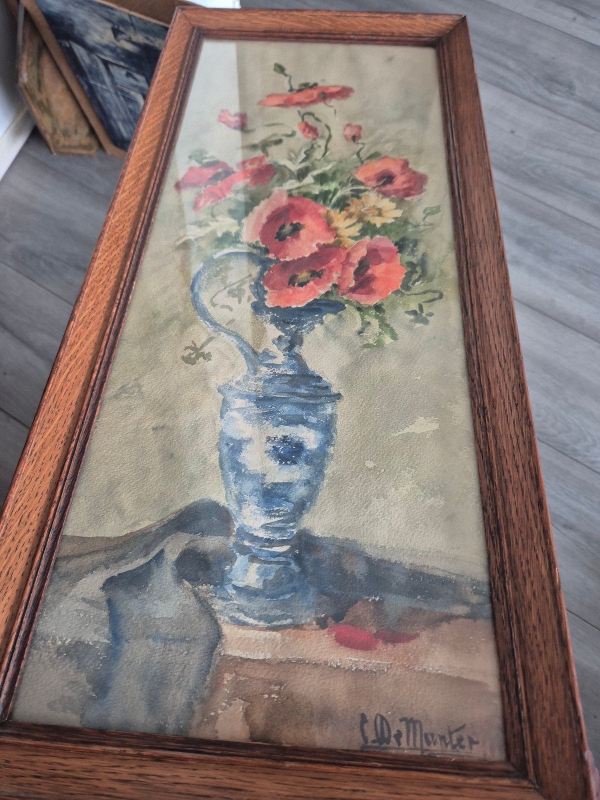 Aquarel stilleven met klaprozen - Gesigneerd C. De Munter, Achter glas, Stilleven, Ophalen of Verzenden, Papier