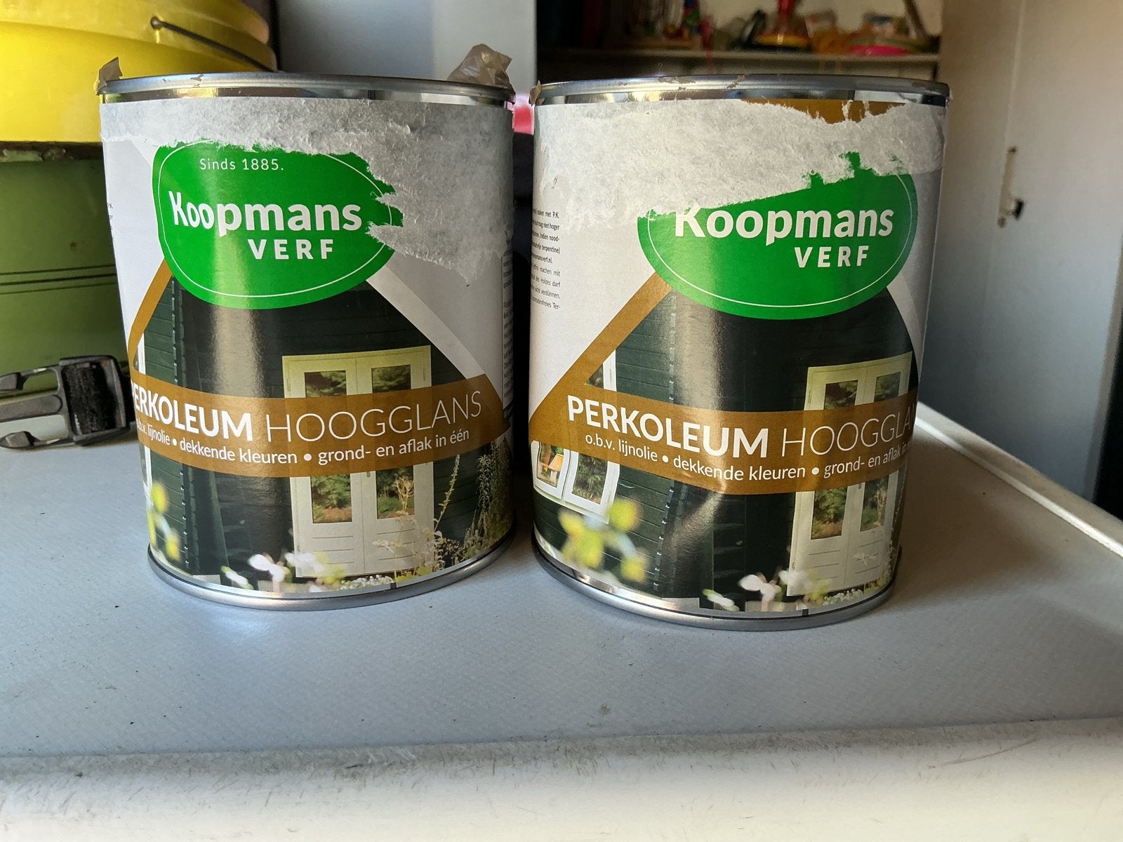 Koopmans Verf Perkoluem Hoogglans - Antiekgroen & Roomwit, Nieuw, Ophalen of Verzenden, Verf, Minder dan 5 liter
