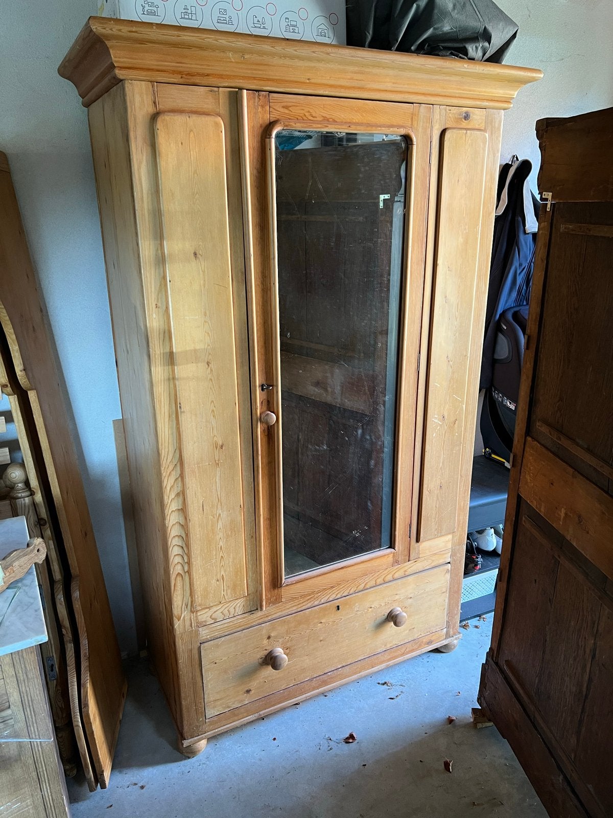 Brocante antieke grenen (linnen)kast met spiegel en lade, Ophalen