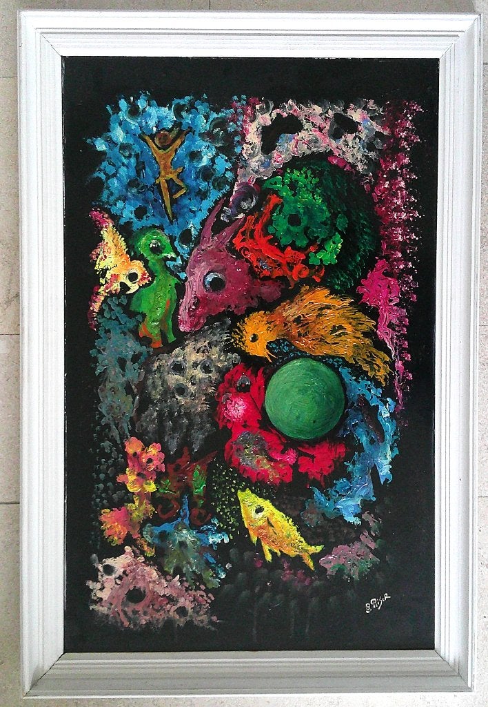 Compositie van vnl. dieren ca.1980 - Gerda Peiser, Paneel, Ophalen of Verzenden, Olieverf, Origineel werk