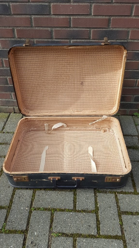 Brocante antieke koffer, blauw leer, hout van binnen. S8, Sieraden, Tassen en Uiterlijk, Koffers, Tweedehands verkoop, Gebruikt