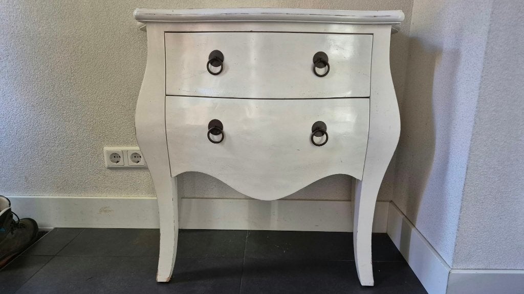 Wit houten bombé kastje / commode met 2 laden, Huis en Inrichting, Ophalen, Gebruikt, Barok, 1 of 2 laden