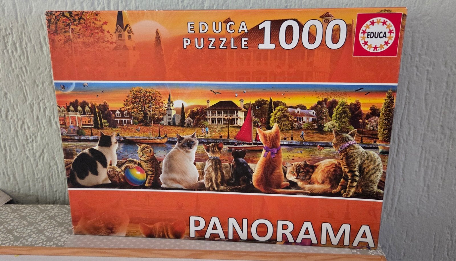 Educa Panorama Legpuzzel 1000 stukjes - Katten aan de kade, Ophalen of Verzenden, 500 t/m 1500 stukjes, Zo goed als nieuw, Legpuzzel