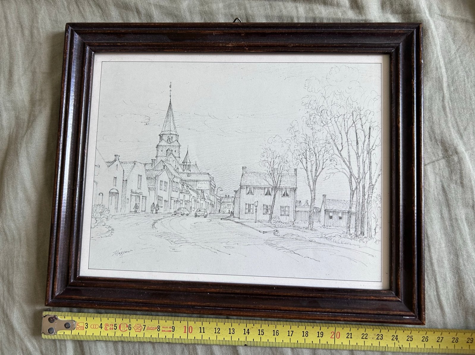 Ingelijste potloodtekening lijst stadsgezicht, gesigneerd, Ophalen of Verzenden, Tekening, Potloodtekening, Gesigneerd
