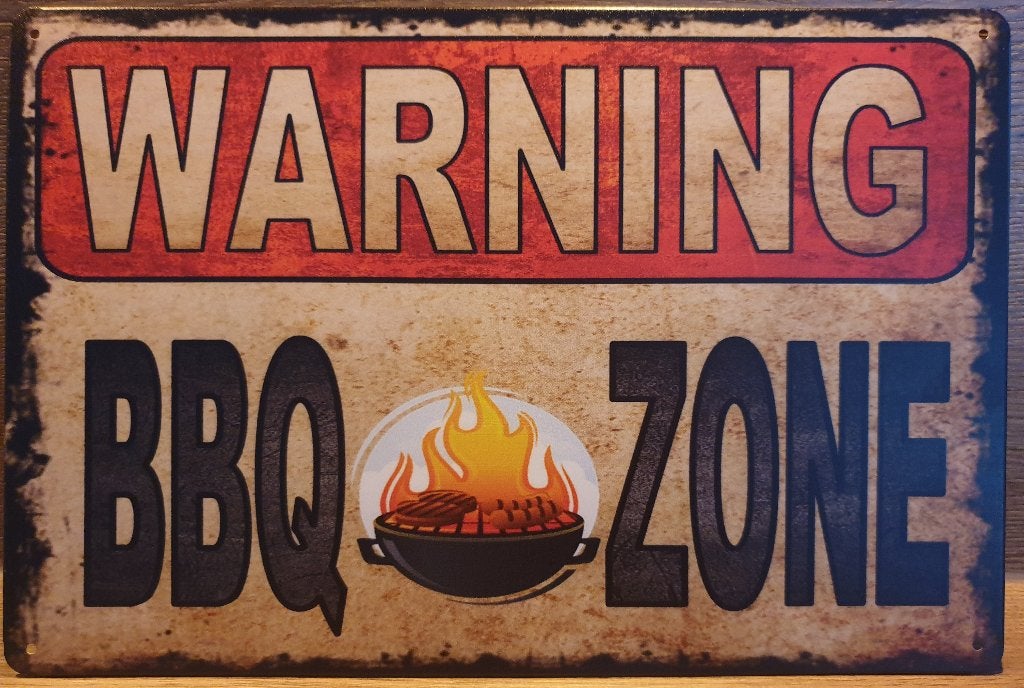 Warning BBQ Zone barbecue reclamebord van metaal wandbord, Info@deconoord.nl, Deco Noord, Nieuw, Ophalen of Verzenden