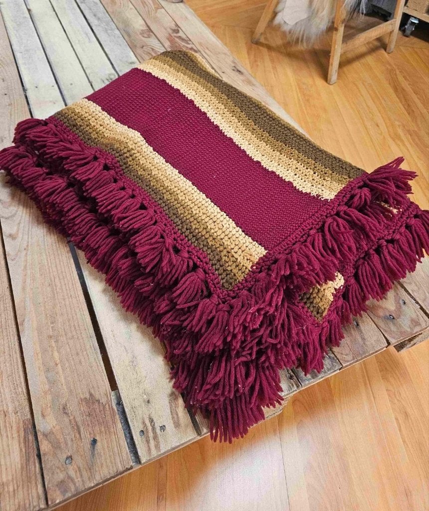 Handgehaakt woonkleed bordeaux bruin - franjes 205/138, 100 tot 150 cm, Bruin, Ophalen of Verzenden, Zo goed als nieuw