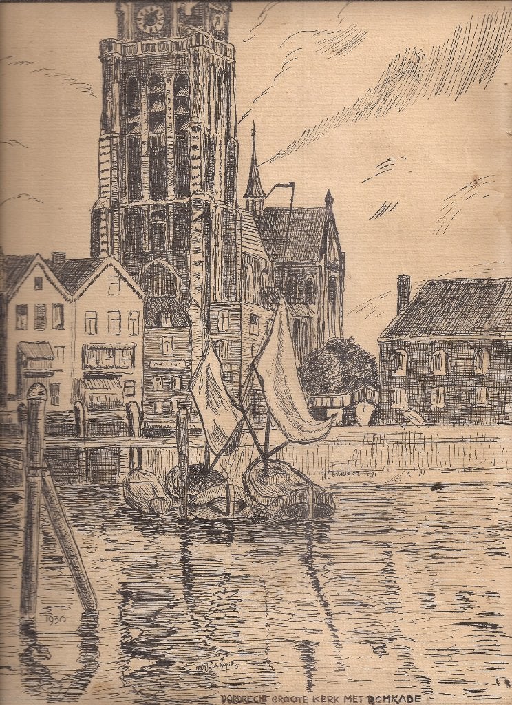 Schipper, M.B. - Dordrecht Groote Kerk met Bomkade 1930 pent, Antiek en Kunst, Ophalen of Verzenden, Gesigneerd