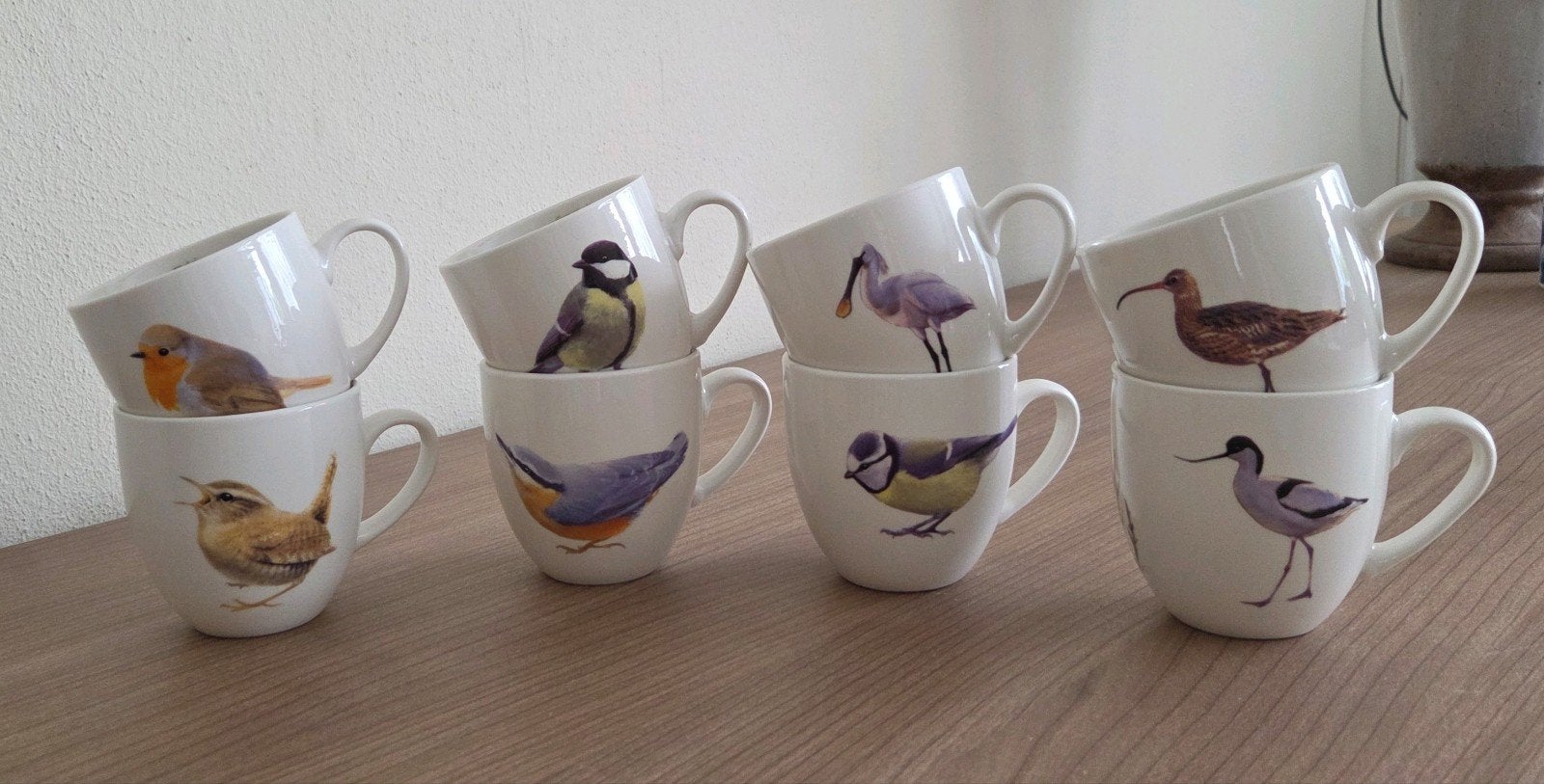 8-delige set koffiekopjes met diverse vogelprints, Ophalen