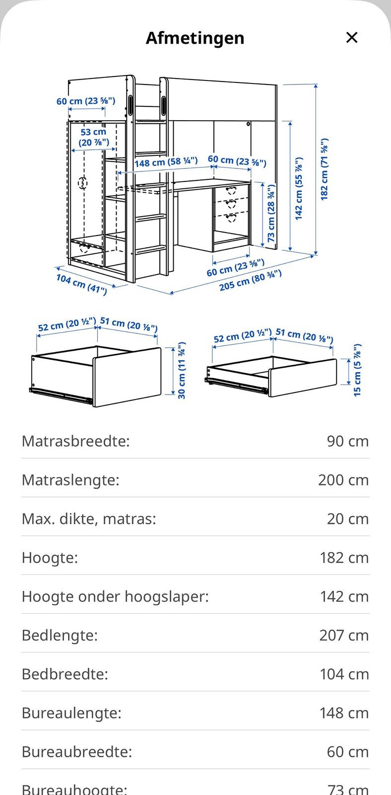 IKEA SMASTAD hoogslaper | 90x200 | wit bureau | kledingkast, Ophalen, Eenpersoons, Zo goed als nieuw, 90 cm