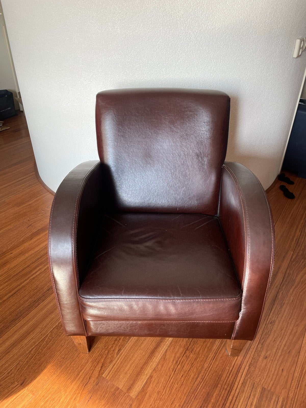 2x Bruine Leren Fauteuil, Ophalen, Gebruikt, 50 tot 75 cm, Leer