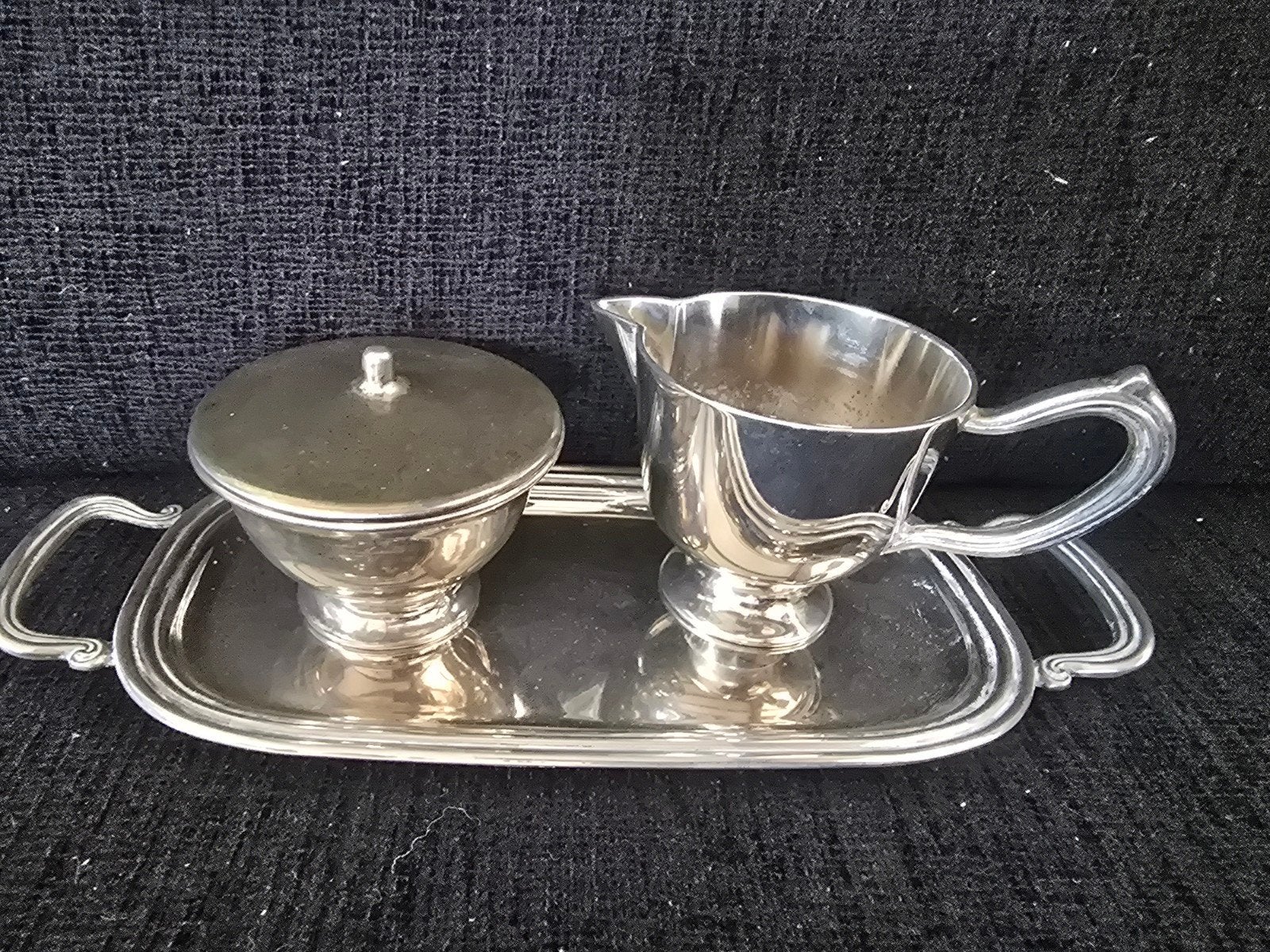 Vintage Zilverkleurige Suikerpot, Melkkan en Dienblad Set DA, Antiek en Kunst, Ophalen of Verzenden, Zilver