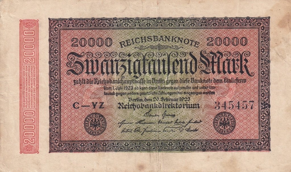 Duitsland 20.000 mark 20-21923 watermerk L, Postzegels en Munten, Bankbiljetten | Europa | Niet-Eurobiljetten, Verzenden, Duitsland